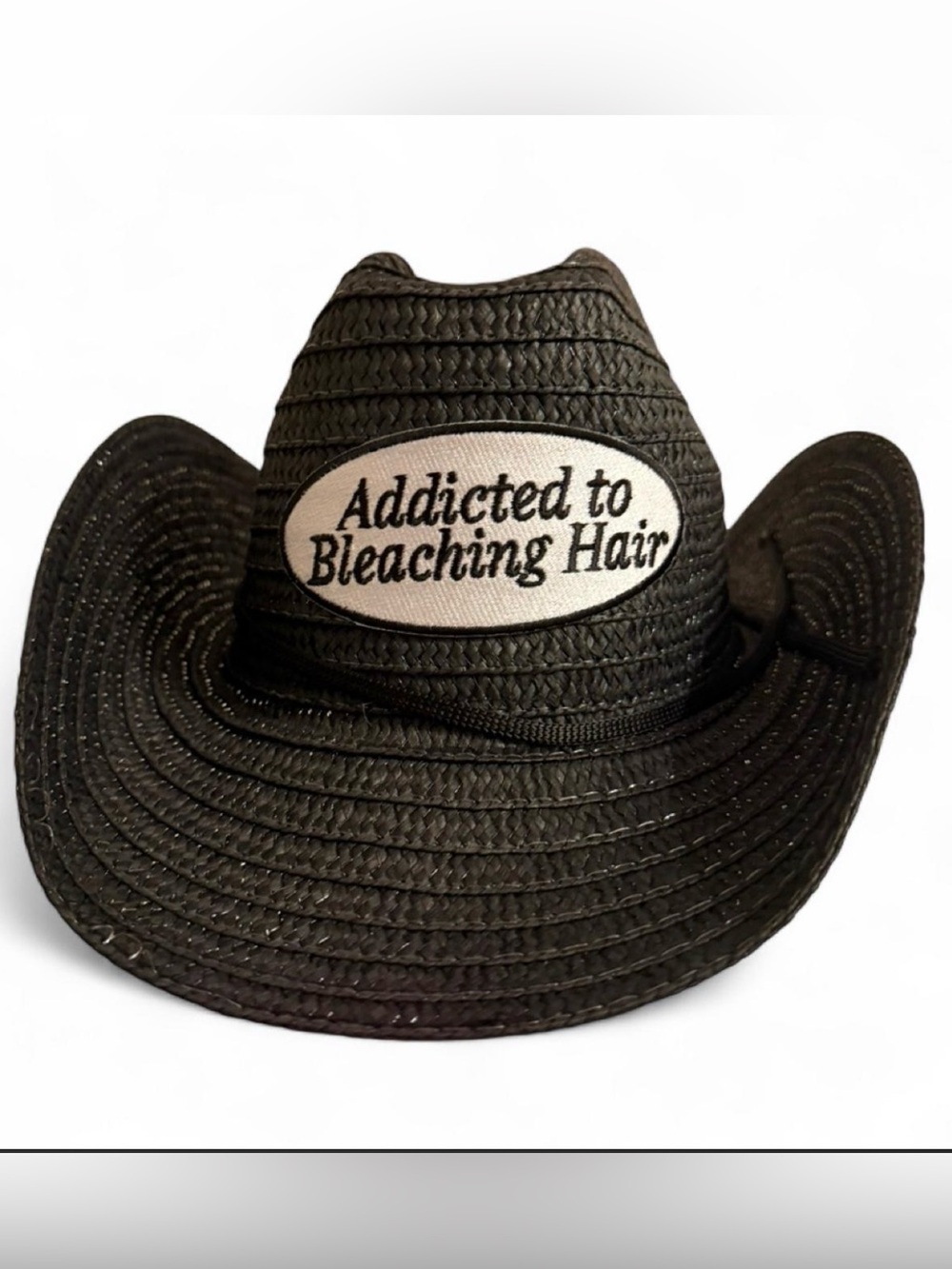 Black Straw Cowboy Hat with 'Addicted to Bleaching Hair' Patch